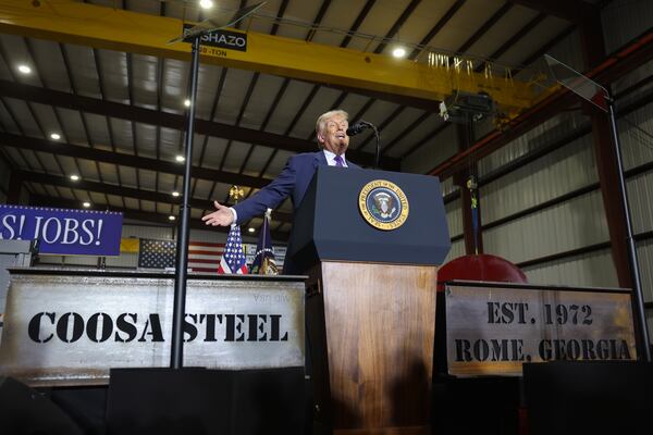 President Donald Trump speaks at Coosa Steel service center in Rome on Thursday, Feb. 19, 2026. It is Trump’s first visit to Georgia since his reelection. (Arvin Temkar/AJC)
