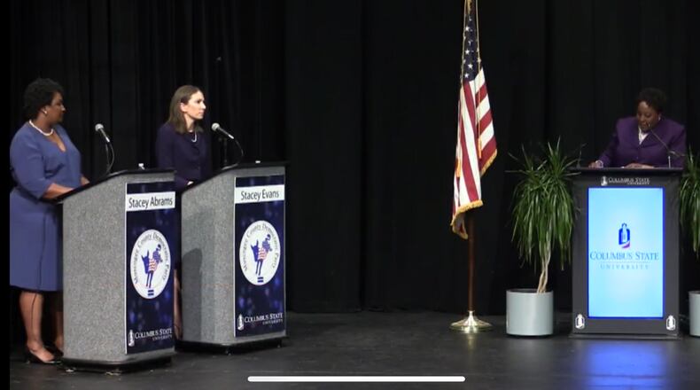 Stacey Abrams and Stacey Evans at a televised debate in Columbus.