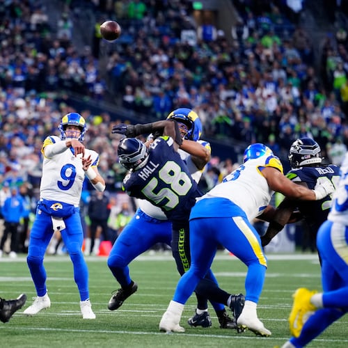 FILE - Los Angeles Rams quarterback Matthew Stafford (9) passes the ball during the NFC Championship NFL football game, Jan. 25, 2026, in Seattle. (AP Photo/Ben VanHouten, File)