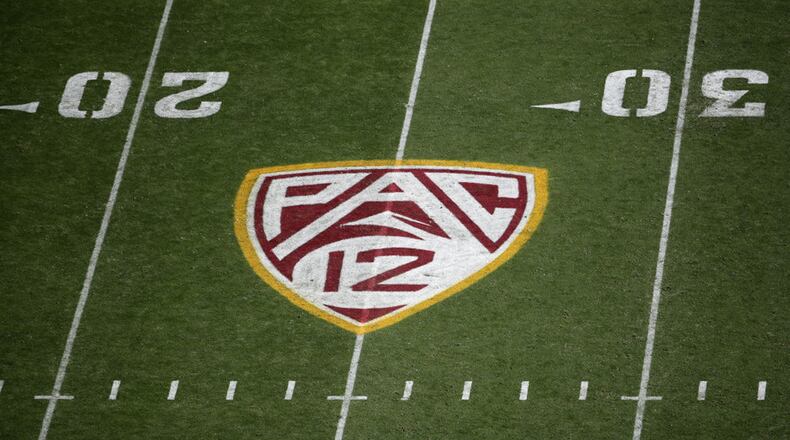 Pac-12 logo on the field during the NCAAF game at Sun Devil Stadium on November 9, 2019 in Tempe, Arizona. (Photo by Christian Petersen/Getty Images/TNS)