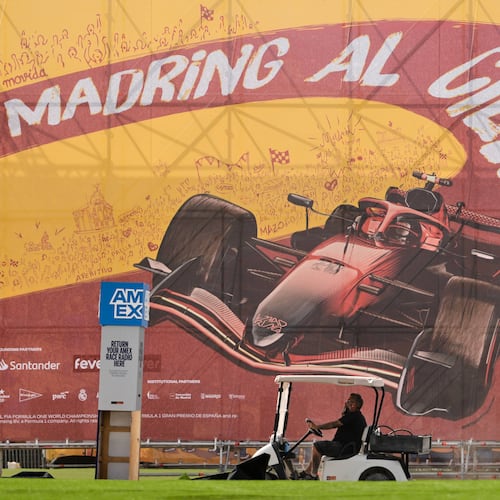 A man drives a golf cart inside the Spanish Grand Prix circuit in Madrid, Spain, Tuesday, Sept. 8, 2026. (AP Photo/Bernat Armangue)