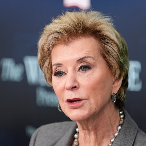 FILE - Education Secretary Linda McMahon speaks with reporters in the James Brady Press Briefing Room at the White House, Thursday, Nov. 20, 2025, in Washington. (AP Photo/Alex Brandon, File)