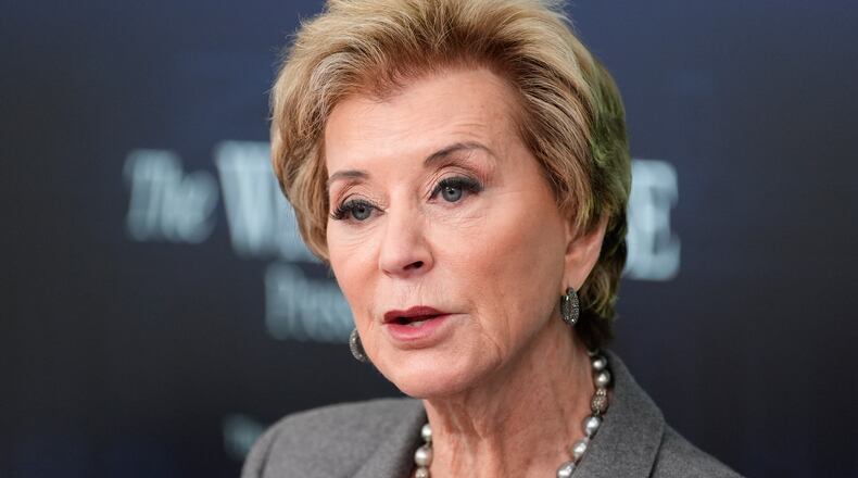 FILE - Education Secretary Linda McMahon speaks with reporters in the James Brady Press Briefing Room at the White House, Thursday, Nov. 20, 2025, in Washington. (AP Photo/Alex Brandon, File)
