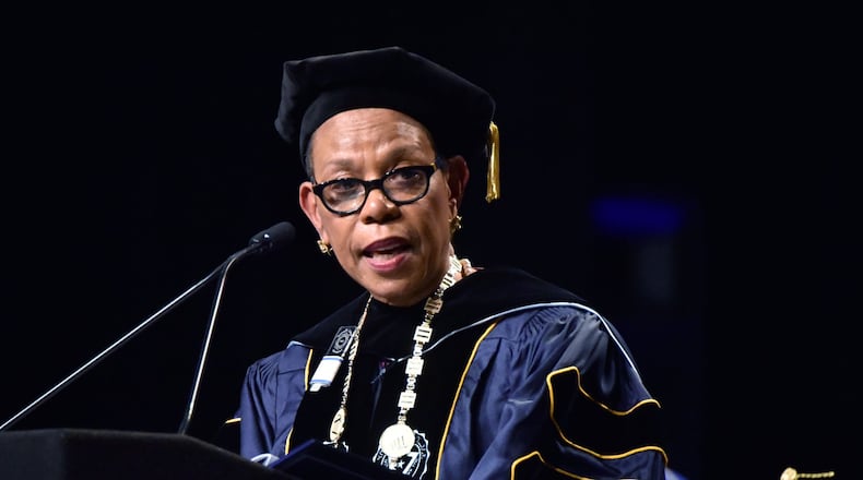April 9, 2016 Atlanta - Dr. Mary Schmidt Campbell speaks after the investiture during Spelman College 2016 Investiture Ceremony at Georgia World Congress Center on Saturday, April 9, 2016. Mary Schmidt Campbell, former dean emerita of the Tisch School of the Arts at New York University, was installed as its 10th president of Spelman College on Saturday at the Georgia World Congress Center. HYOSUB SHIN / HSHIN@AJC.COM