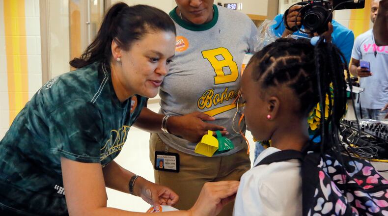 Superintendent Meria Carstarphen met students at Boyd Elementary School on Aug. 1, the first day of school for the 2018-2019 school year. BOB ANDRES /BANDRES@AJC.COM