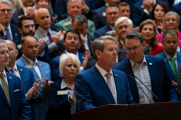 Gov. Brian Kemp delivers remarks before signing SB 68 and SB 69 (bills focused on tort reform) into law at the Georgia Capitol in Atlanta on Monday, April 21, 2025. (Olivia Bowdoin for the AJC)