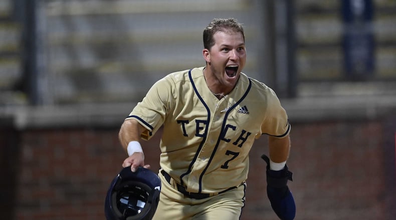 Georgia Tech shortstop Luke Waddell celebrates scoring the game-winning run in the Yellow Jackets' 7-6 win in 14 innings over Georgia at Russ Chandler Stadium on May 20, 2021. (Danny Karnik/Georgia Tech Athletics)
