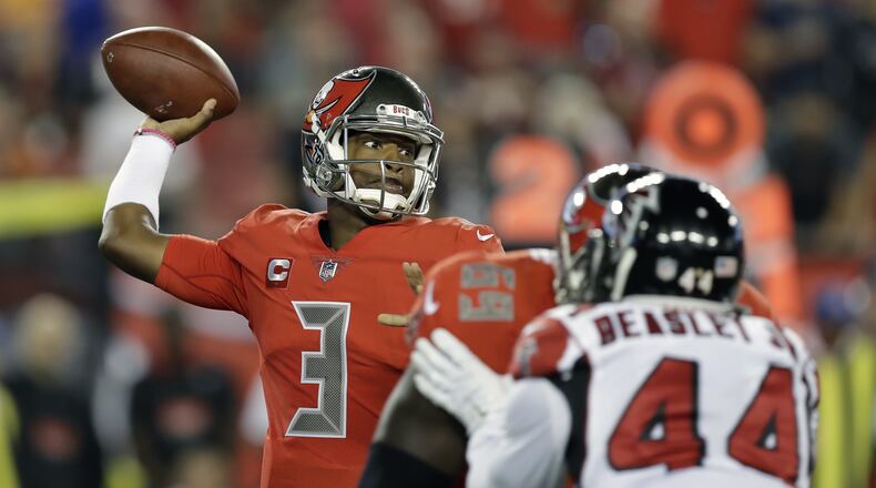 Tampa Bay Buccaneers quarterback Jameis Winston (3) throws a pass during the first quarter of an NFL football game against the Atlanta Falcons Thursday, Nov. 3, 2016, in Tampa, Fla. (AP Photo/Chris O'Meara)