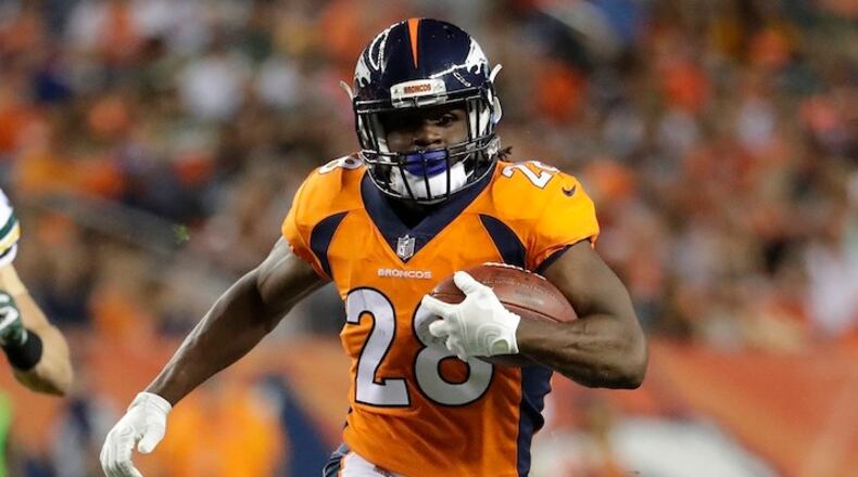 Denver Broncos running back Jamaal Charles (28) runs against the Green Bay Packers during the first half of an NFL preseason football game, Saturday, Aug. 26, 2017, in Denver. (AP Photo/Jack Dempsey)