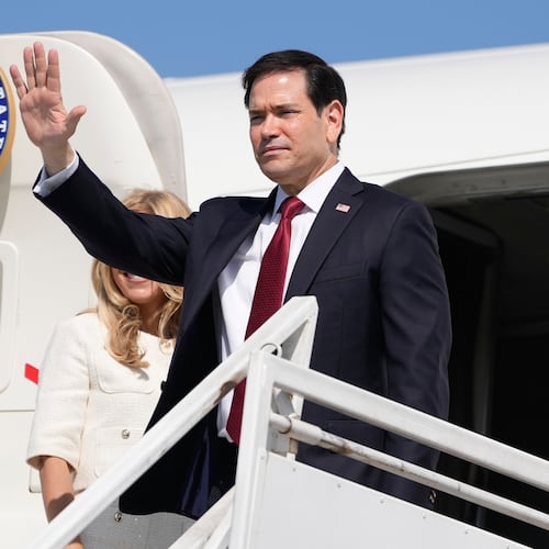 U.S. Secretary of State Marco Rubio and his wife Jeanette Rubio depart the international airport Ernesto Cortissoz in Barranquilla, Colombia, Wednesday, Sept. 9, 2026. (AP Photo/Fernando Vergara, Pool)
