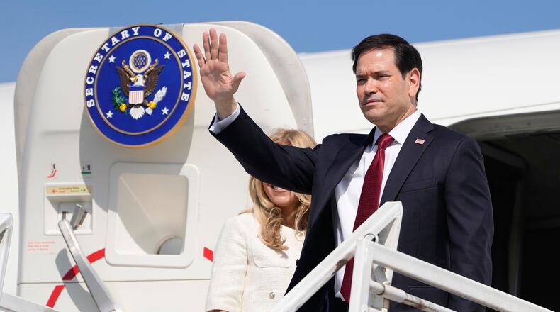 U.S. Secretary of State Marco Rubio and his wife Jeanette Rubio depart the international airport Ernesto Cortissoz in Barranquilla, Colombia, Wednesday, Sept. 9, 2026. (AP Photo/Fernando Vergara, Pool)
