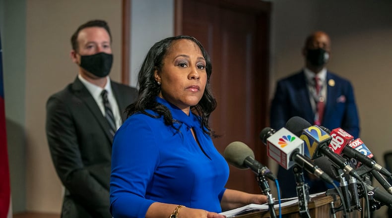 Fulton County District Attorney Fani Willis speaks during a press conference in the District Attorney's office at the Fulton County Courthouse in downtown Atlanta, Monday, August 30, 2021. (Alyssa Pointer/Atlanta Journal-Constitution/TNS)