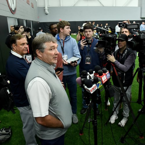 Georgia head coach Kirby Smart (shown here speaking to the press during Georgia's NFL Pro Day at Payne Indoor Athletic Facility in Athens, Wednesday, March 18, 2026) favors a proposed five-year eligibility window. (Hyosub Shin/AJC)
