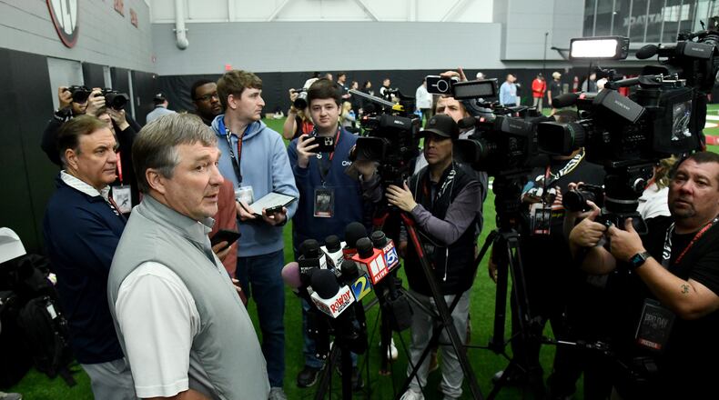 Georgia head coach Kirby Smart (shown here speaking to the press during Georgia's NFL Pro Day at Payne Indoor Athletic Facility in Athens, Wednesday, March 18, 2026) favors a proposed five-year eligibility window. (Hyosub Shin/AJC)