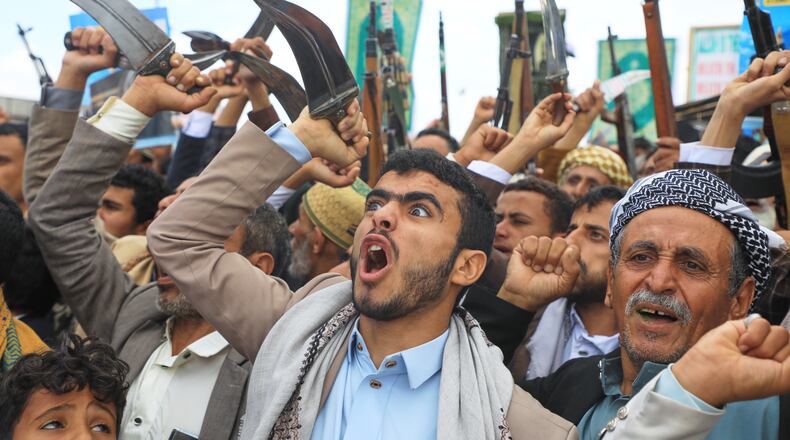Supporters of Yemen's Houthi rebels shout slogans during a rally in support of the group and to protest Saudi Arabia's accusation that the Houthis targeted Islam's holiest site, Mecca, in Sanaa, Yemen, Friday, Sept. 18, 2026. (AP Photo/Osamah Abdulrahman)