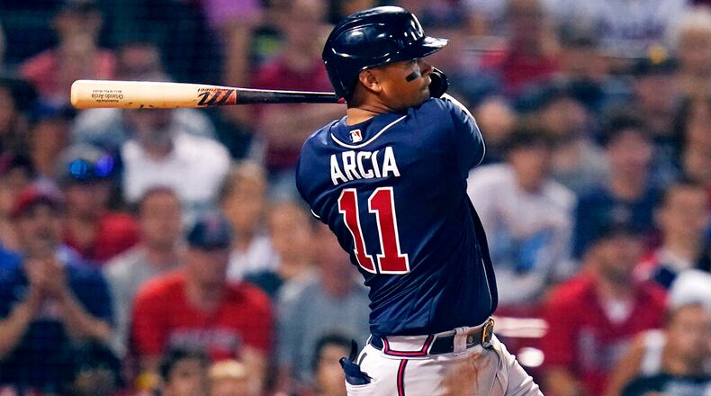 Braves utilityman Orlando Arcia is back on the big-league roster. (AP Photo/Charles Krupa)