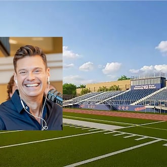 The planned renovated Dunwoody High School football stadium will be renamed Seacrest Stadium after the 1992 graduate and media personality provided a sizable contribution. (Dunwoody High School rendering/Seacrest Studios inset)