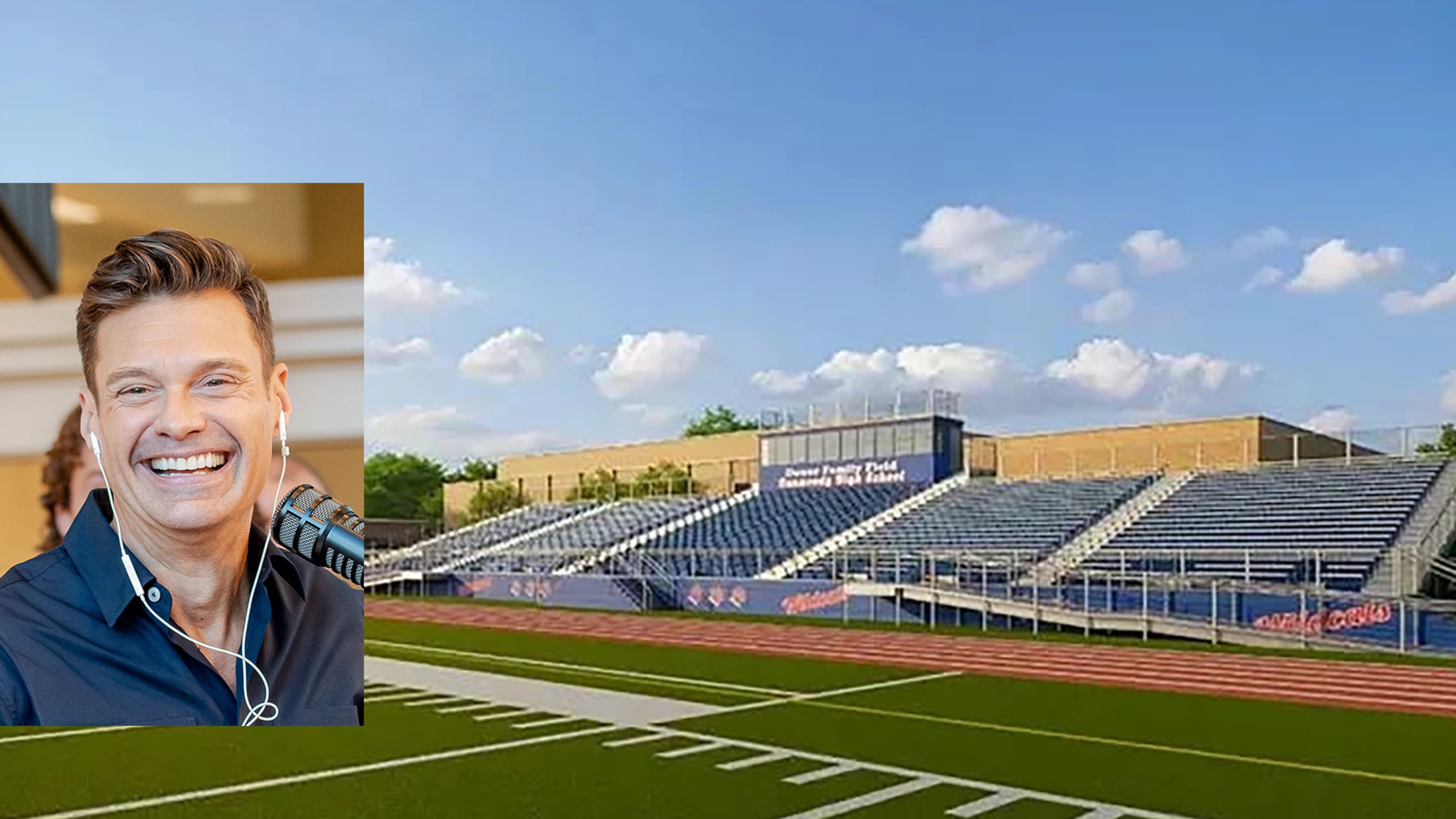 The planned renovated Dunwoody High School football stadium will be renamed Seacrest Stadium after the 1992 graduate and media personality provided a sizable contribution. (Dunwoody High School rendering/Seacrest Studios inset)