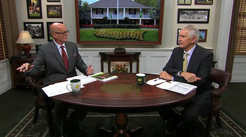 ESPN golf commentator Scott Van Pelt (left) and Andy North at the Masters.
