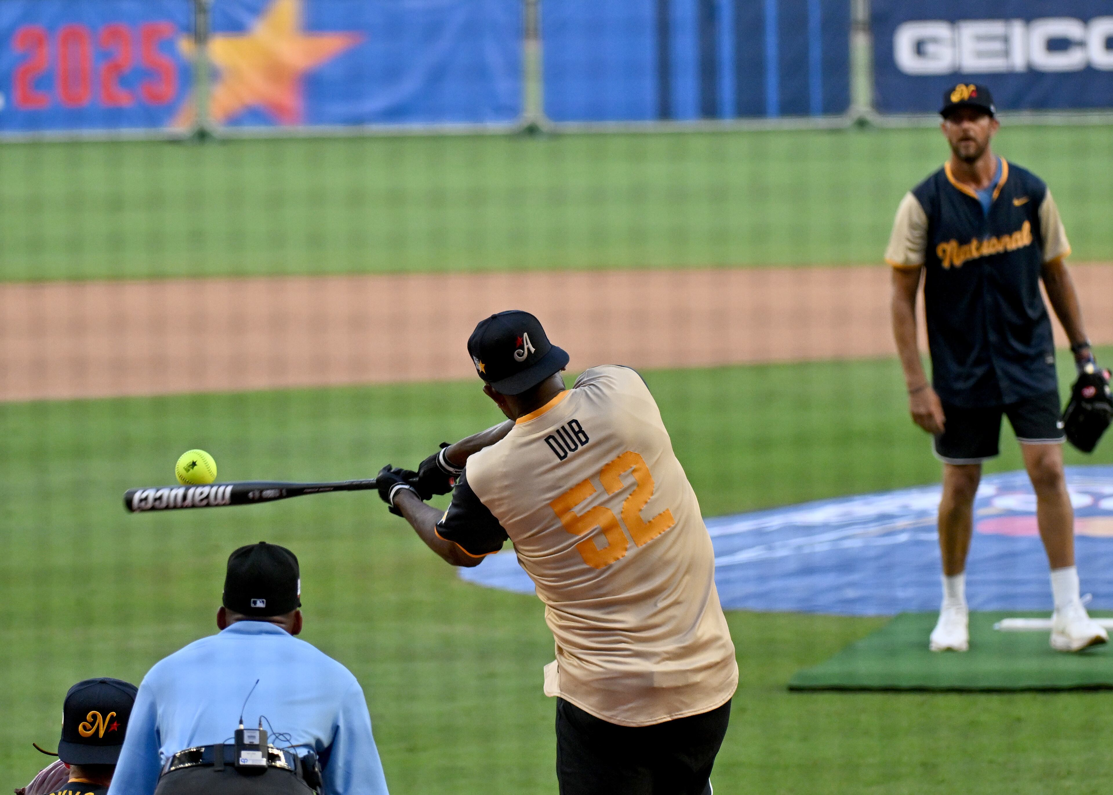 American League’s CC Sabathia, Yankees Legend & Hall of Famer, hits a home run during the MLB All-Star Celebrity Softball Game at Truist Park, Saturday, July 12, 2025, in Atlanta. (Hyosub Shin / AJC)