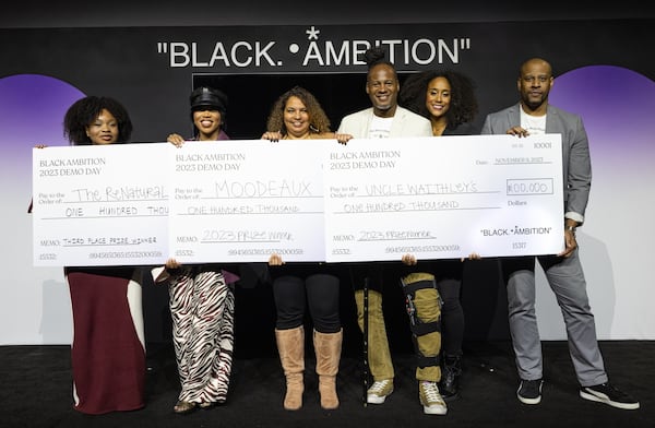 Brianna Arps (second from left), founder and CEO of fragrance brand Moodeaux, at the Black Ambition Demo Day in November 2023. Arps won $100,000.

CREDIT: Black Ambition