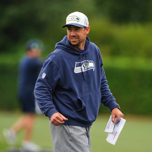 FILE - Seattle Seahawks offensive coordinator Klint Kubiak walks on the field during the NFL football team's training camp July 26, 2025, in Renton, Wash. (AP Photo/Lindsey Wasson, File)