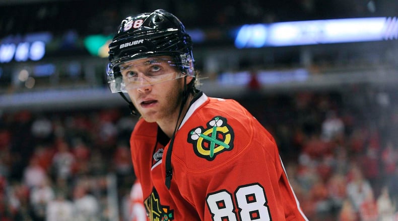 Chicago Blackhawks Patrick Kane (88) warms up before a pre-season NHL hockey game against the Detroit Red Wings in Chicago, Tuesday, Sept. 22, 2015. Kane is one of the storylines ahead of the 2015-16 NHL season.THE CANADIAN PRESS/ AP/David Banks