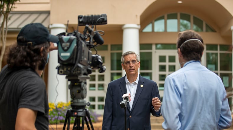 06/09/2020 - Smyrna, Georgia - Georgia Secretary of State Brad Raffensperger speaks during an interview outside of the Smyrna Community Center during the Georgia primary elections, Tuesday, June 9, 2020. (ALYSSA POINTER / ALYSSA.POINTER@AJC.COM)