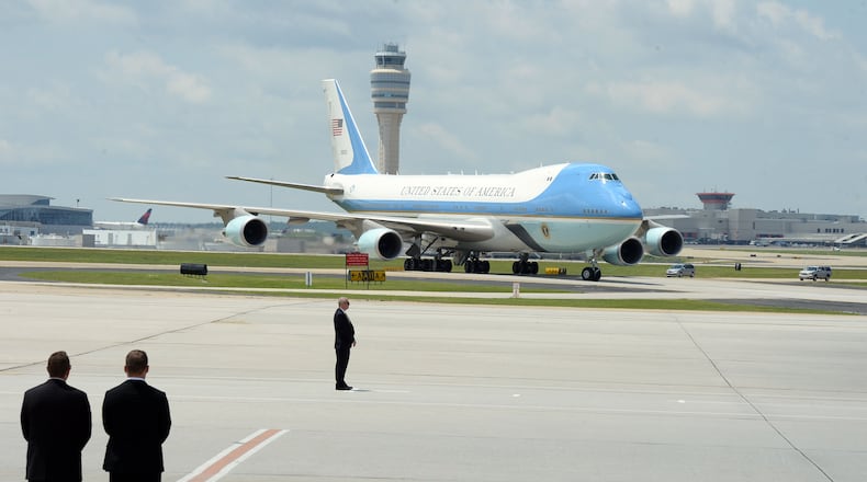 August 1, 2016 Atlanta Air Force One arrives at Hartsfield-Jackson International Airport with President Barack Obama for a speech to the Disabled American Veterans and a fundraiser, Monday, August 1, 2016. KENT D. JOHNSON/KDJOHNSON@AJC.COM