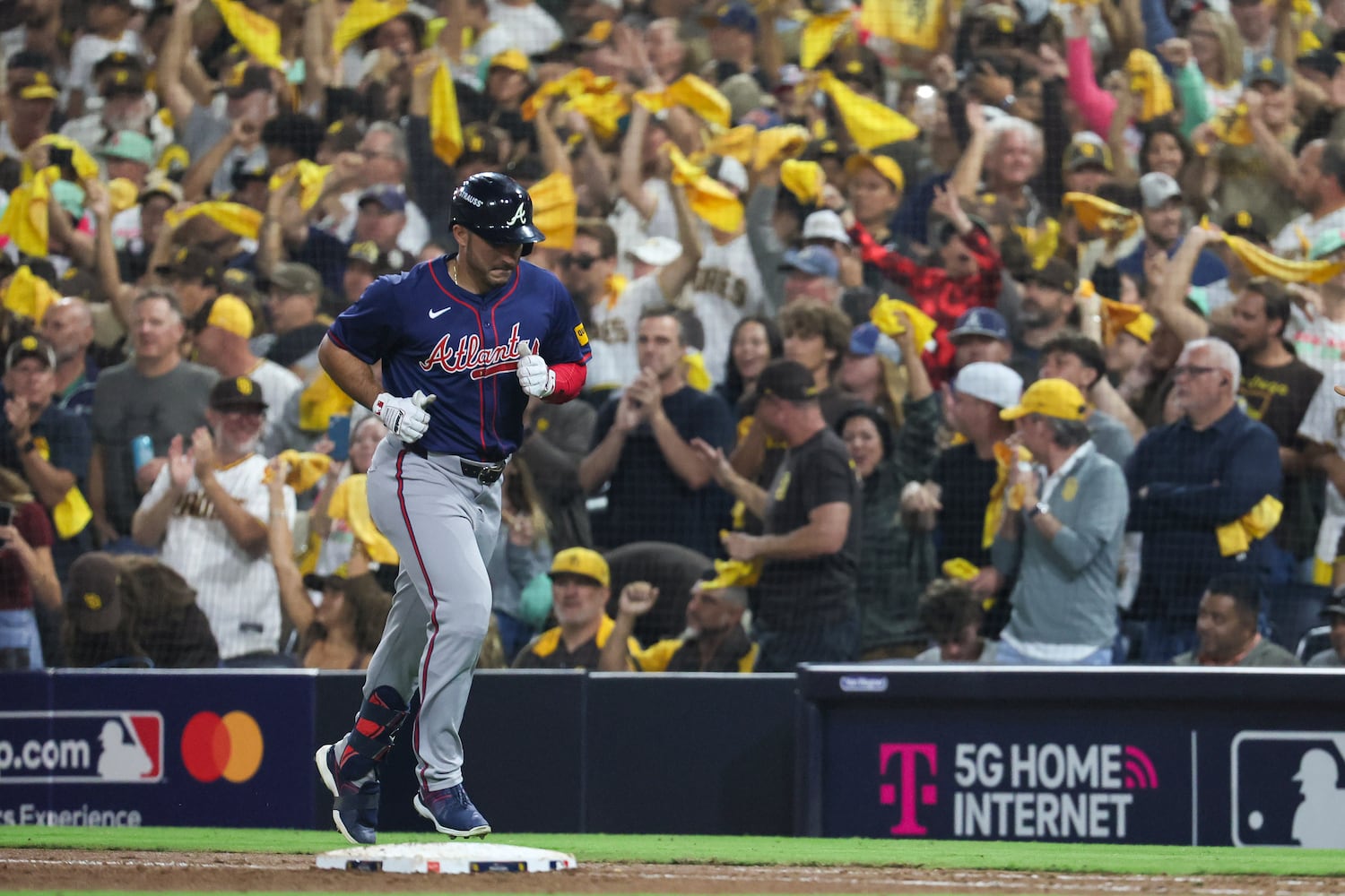San Diego Padres fans reacts after Atlanta Braves’ Ramón Laureano (18) lines out during the ninth inning of National League Division Series Wild Card Game Two at Petco Park in San Diego on Wednesday, Oct. 2, 2024. Atlanta lost 5-4 allowing the Padres to advance to the Division Series and face the Los Angeles Dodgers.  (Jason Getz / Jason.Getz@ajc.com)