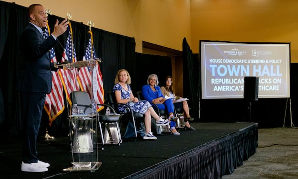 House Minority Leader Hakeem Jeffries leads a health care town hall with U.S. Rep Troy Carter, D-La., at Xavier University in New Orleans, Thursday, July 10, 2025. (John McCusker/The Times-Picayune/The New Orleans Advocate via AP)