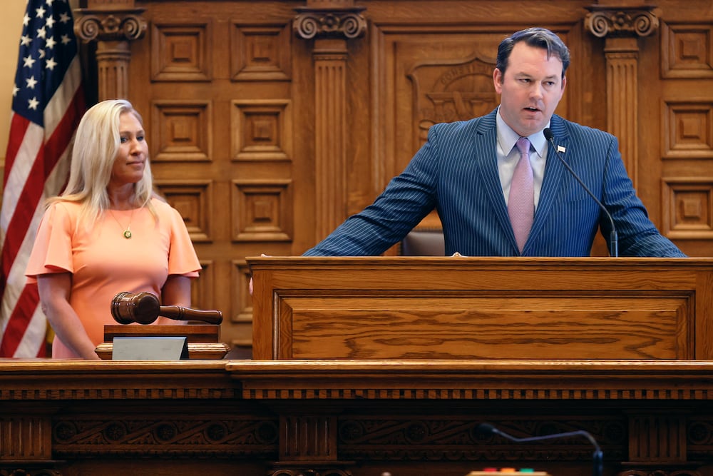 U.S. Rep. Marjorie Taylor Greene, R-Rome, listened as Lt. Gov. Burt Jones introduced her in the Senate chambers at the Capitol in Atlanta in February.