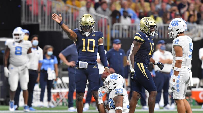 September 25, 2021 Atlanta - Georgia Tech's quarterback Jeff Sims (10) reacts during the second half of an NCAA college football game at Mercedes-Benz Stadium in Atlanta on Saturday, September 25, 2021. Georgia Tech won 45-22 over North Carolina. (Hyosub Shin / Hyosub.Shin@ajc.com)