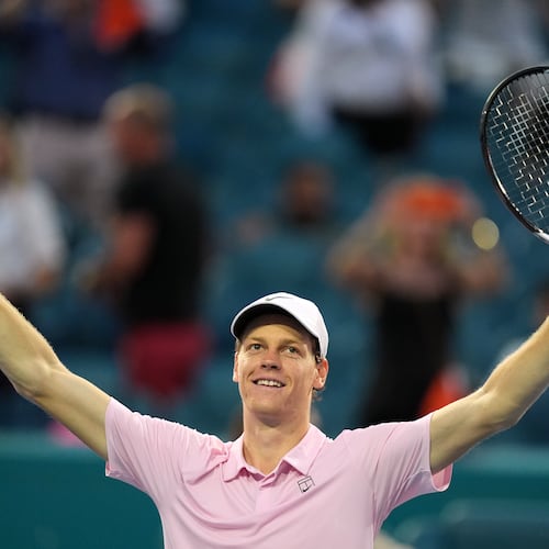 Jannik Sinner of Italy celebrates after defeating Jiri Lehecka of the Czech Republic in the men's singles final at the Miami Open tennis tournament, Sunday, March 29, 2026, in Miami Gardens, Fla. (AP Photo/Rebecca Blackwell)