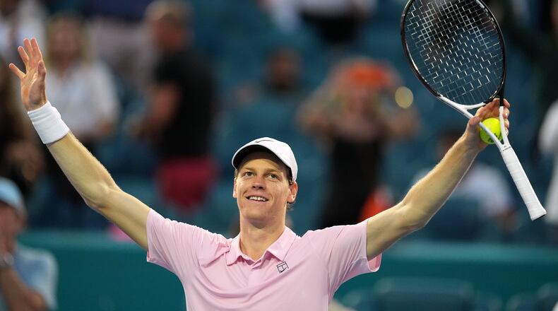 Jannik Sinner of Italy celebrates after defeating Jiri Lehecka of the Czech Republic in the men's singles final at the Miami Open tennis tournament, Sunday, March 29, 2026, in Miami Gardens, Fla. (AP Photo/Rebecca Blackwell)