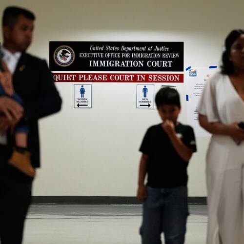 People arrive for immigration court hearings in New York, Monday, July 27, 2026. (AP Photo/Seth Wenig)
