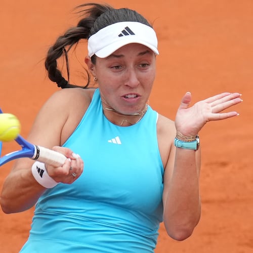 United States' Jessica Pegula returns the ball to Switzerland's Rebeka Masarova, during their match at the Italian Open tennis tournament in Rome, Sunday, May 10, 2026. (AP Photo/Andrew Medichini)