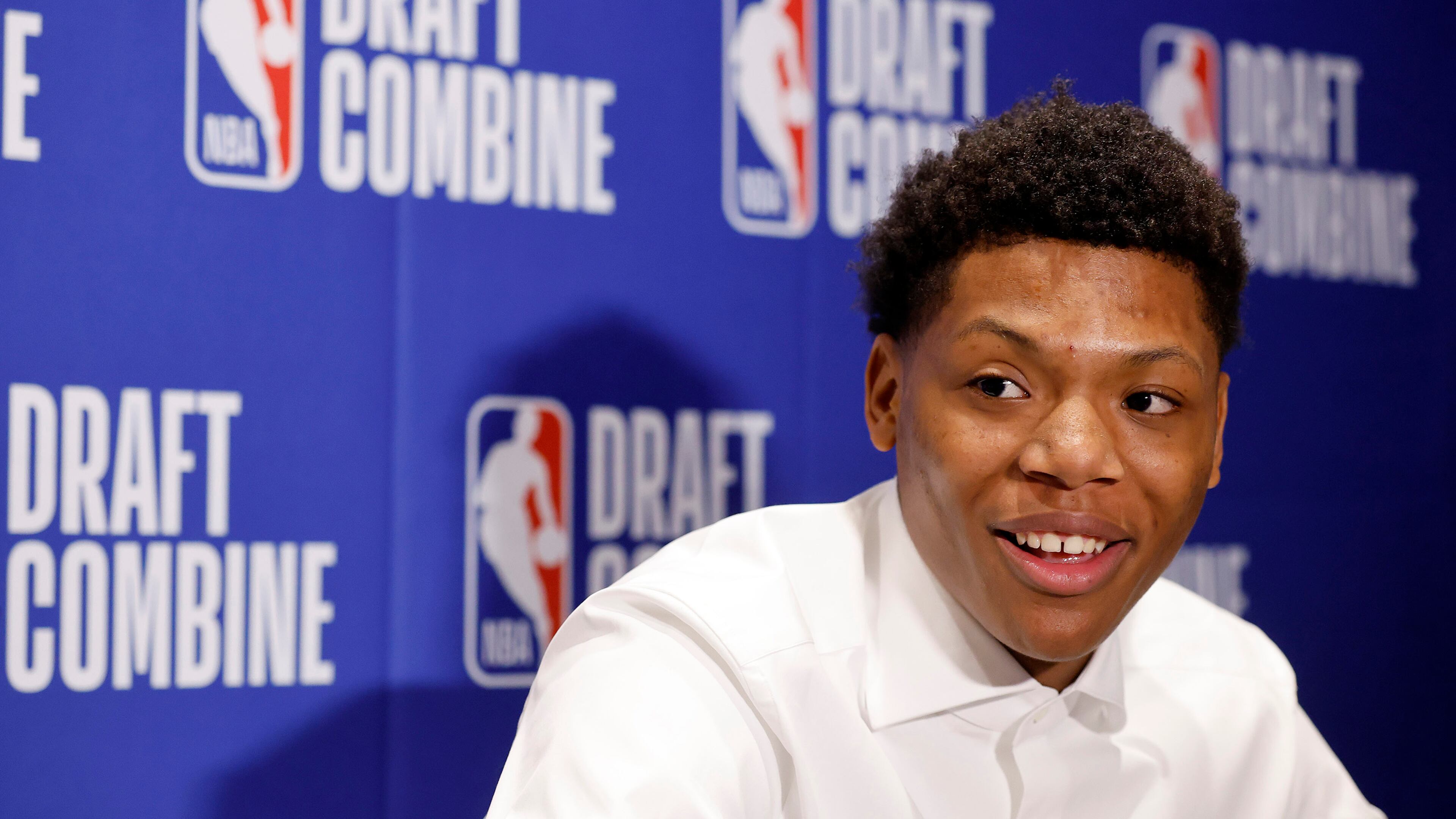 Ace Bailey answers questions from reporters during media availability at the NBA draft combine at Wintrust Arena on May 14, 2025, in Chicago. (Michael Reaves/Getty Images)