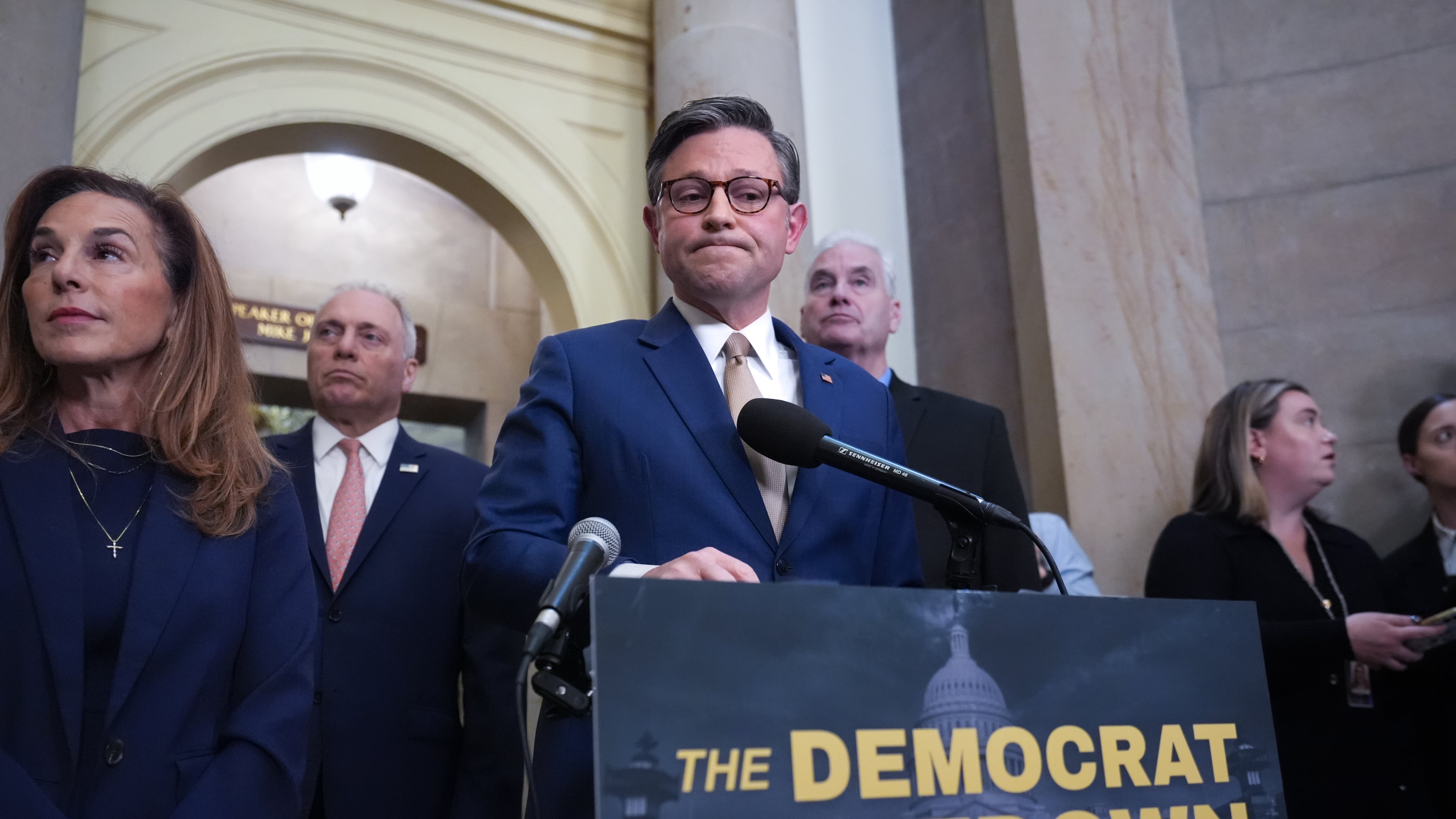 Speaker of the House Mike Johnson, R-La., and GOP leaders, from left, Rep. Lisa McClain, R-Mich., Majority Leader Steve Scalise, R-La., and Majority Whip Tom Emmer, R-Minn., speak during a news conference at the Capitol in Washington, Thursday, Oct. 2, 2025. (AP Photo/J. Scott Applewhite)