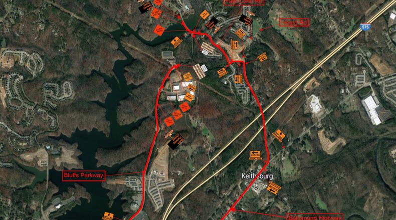 North of Chattahoochee Technical College, the Bluffs Parkway and Fate Conn Road intersection will be closed to through traffic through Nov. 29 for construction of a roundabout. (Courtesy of Cherokee County)