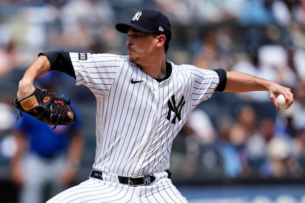New York Yankees pitcher Max Fried (54) throws during the first inning of a baseball game against the Chicago Cubs, Saturday, July 12, 2025, in New York. (AP Photo/Yuki Iwamura)