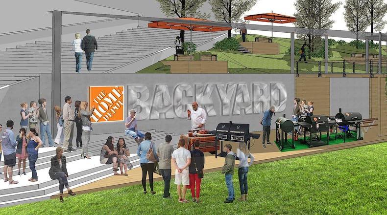 Renderings of the planned Home Depot Backyard, a park and premium tailgating space on the site of the Georgia Dome.