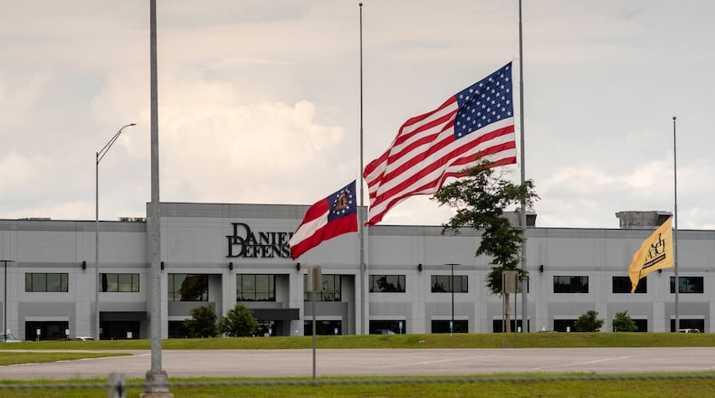 A flag flies at half-mast at Daniel Defense’s headquarters in Black Creek, Ga., May 27, 2022. After one of its military-style rifles was used in the Texas elementary school shooting on Tuesday, the gun manufacturer published a pop-up statement on its home page sending “thoughts and prayers” to the community of Uvalde, Texas, and pledging to cooperate with the authorities. (Dylan Wilson/The New York Times)