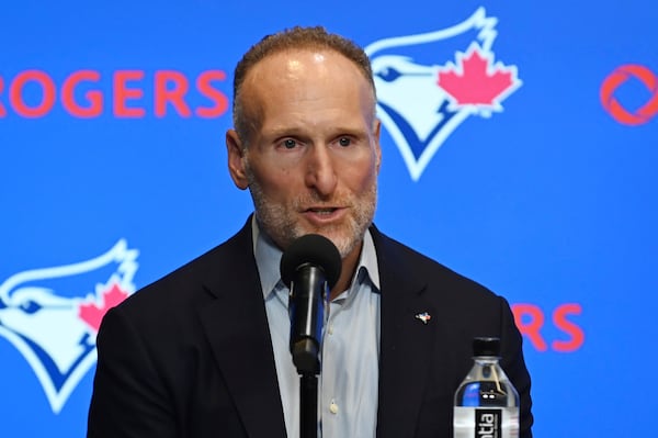 Toronto Blue Jays president and CEO Mark Shapiro participates in a press conference in Toronto on Monday April 14, 2025. (Jon Blacker/The Canadian Press via AP)