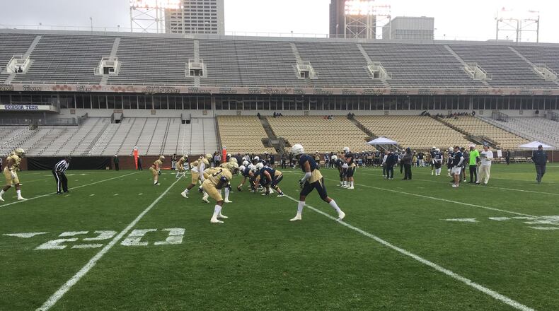 Georgia Tech's scrimmage Saturday April 20, 2019 at Bobby Dodd Stadium. In the foreground, wide receiver Stephen Dolphus lines up against cornerback Jordan Huff.