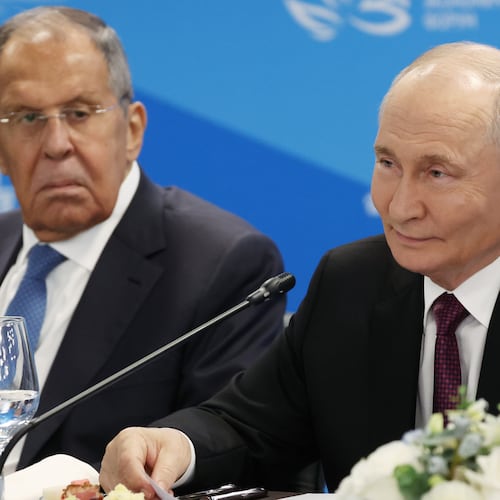 Russian President Vladimir Putin, right, and Russian Foreign Minister Sergey Lavrov, attend the talks with Indonesian President Prabowo Subianto on the sidelines of the Eastern Economic Forum in Vladivostok, Russia, Thursday, Sept. 3, 2026. (Vyacheslav Prokofyev/Sputnik, Kremlin Pool Photo via AP)