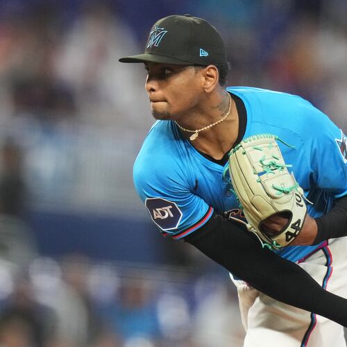 FILE - Miami Marlins starting pitcher Edward Cabrera follows through on a pitch during the first inning of a baseball game against the New York Mets, Sept. 28, 2025, in Miami. (AP Photo/Lynne Sladky, File)