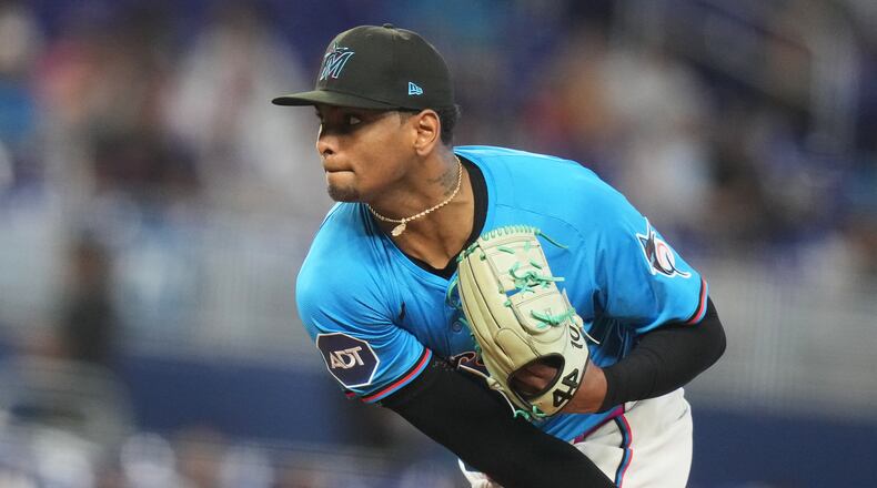 FILE - Miami Marlins starting pitcher Edward Cabrera follows through on a pitch during the first inning of a baseball game against the New York Mets, Sept. 28, 2025, in Miami. (AP Photo/Lynne Sladky, File)