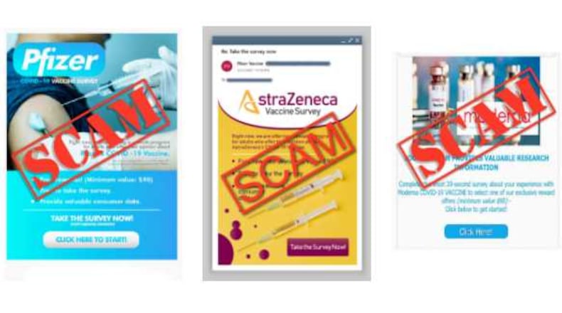 The Federal Trade Commission in March posted these images of various websites posting fraudulent images concerning the COVID-19 vaccine. Photo Credit: Federal Trade Commission.