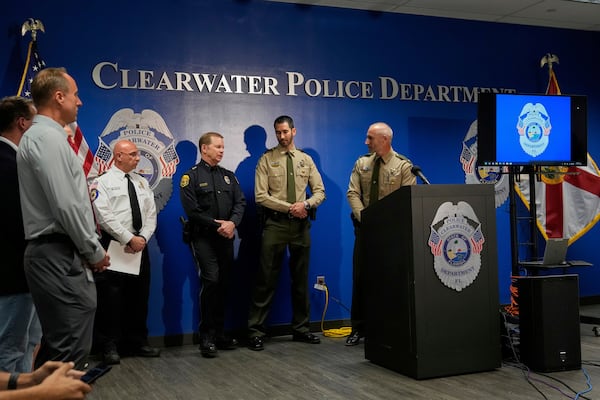 State and local officials take part during a news conference on Sunday night's deadly boating accident that injured multiple people, Monday, April 28, 2025, in Clearwater, Fla. (AP Photo/Chris O'Meara)
